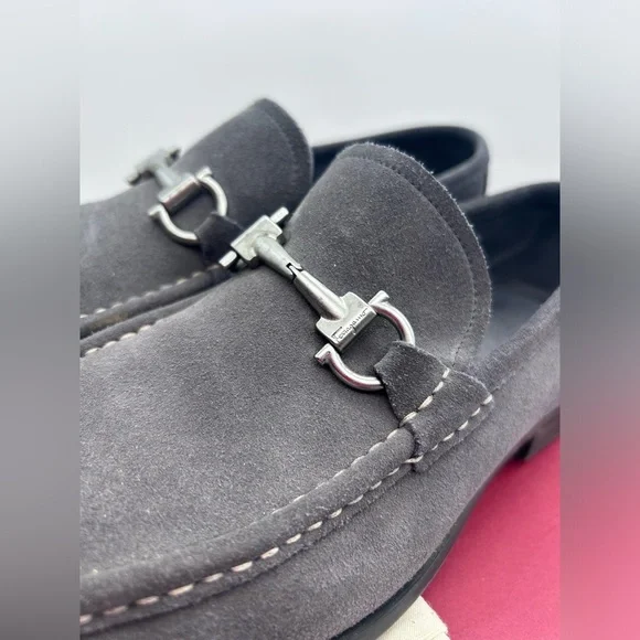 Salvatore Ferragamo Gancini Bit Loafers Men's US 9 D Gray Suede Leather Silver - Picture 4 of 15
